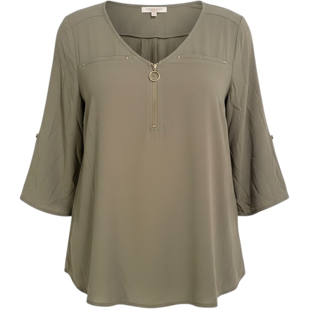 Tempted Los Angeles Olive Green Zip Neck Roll Tab Sleeve Blouse XL crepe utility